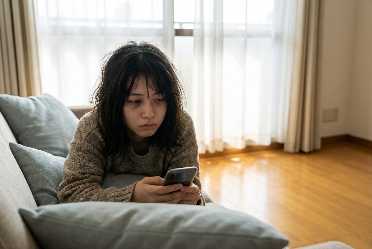 バイトを辞めたくてスマホを見ながら悩む若者