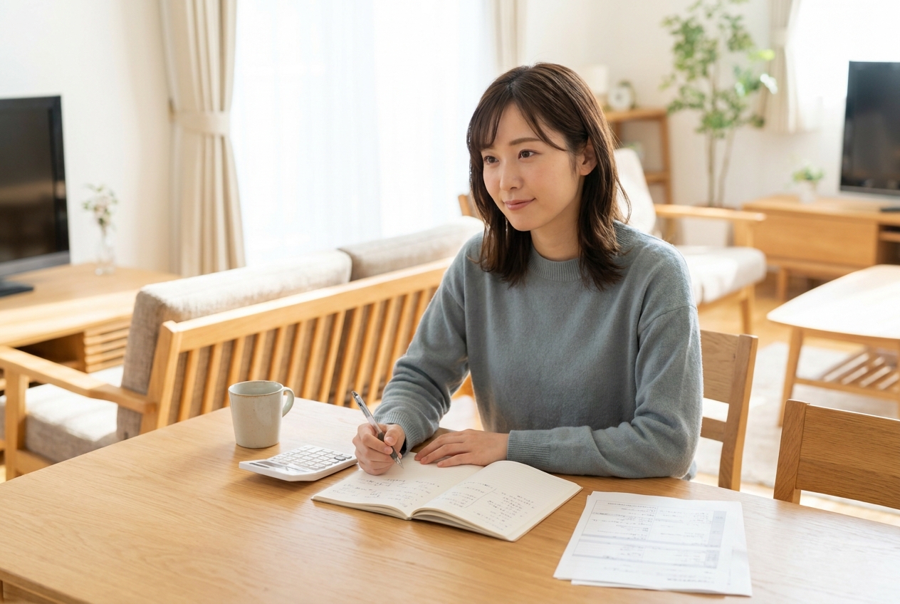 退職後の家計を確認する若い人