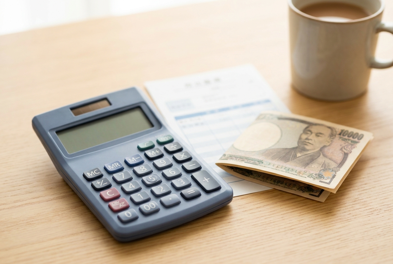 失業保険の金額を計算する電卓と現金と給与明細