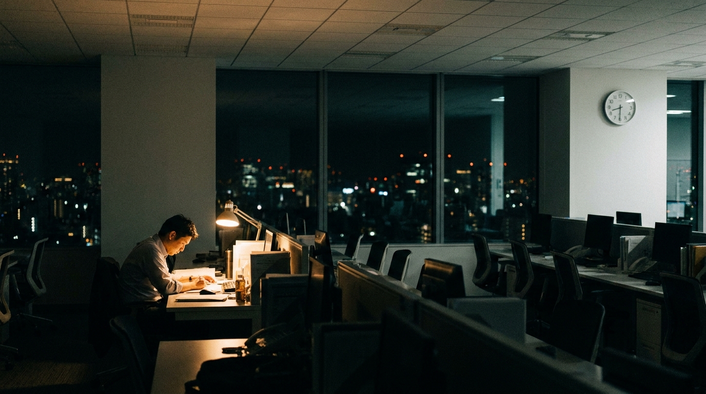 サービス残業で夜遅くまで働く会社員